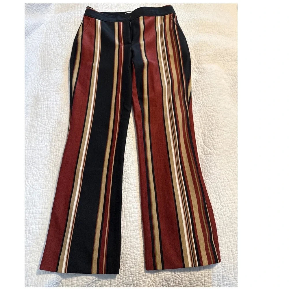 Tory Burch Striped Flare Pants Navy Burgundy Gold Logo‎ Button Slit Trousers 6